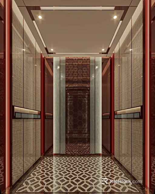 Luxurious Elevator Interior With Wooden Panels Metal Frames Decorative Patterns And Recessed Lighting 3d model