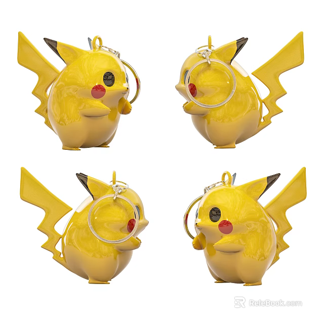 Cute Pikachu Shaped Yellow Jewelry Keychain Accessory With Black Ears Red Cheeks And Metal Ring 3d model 