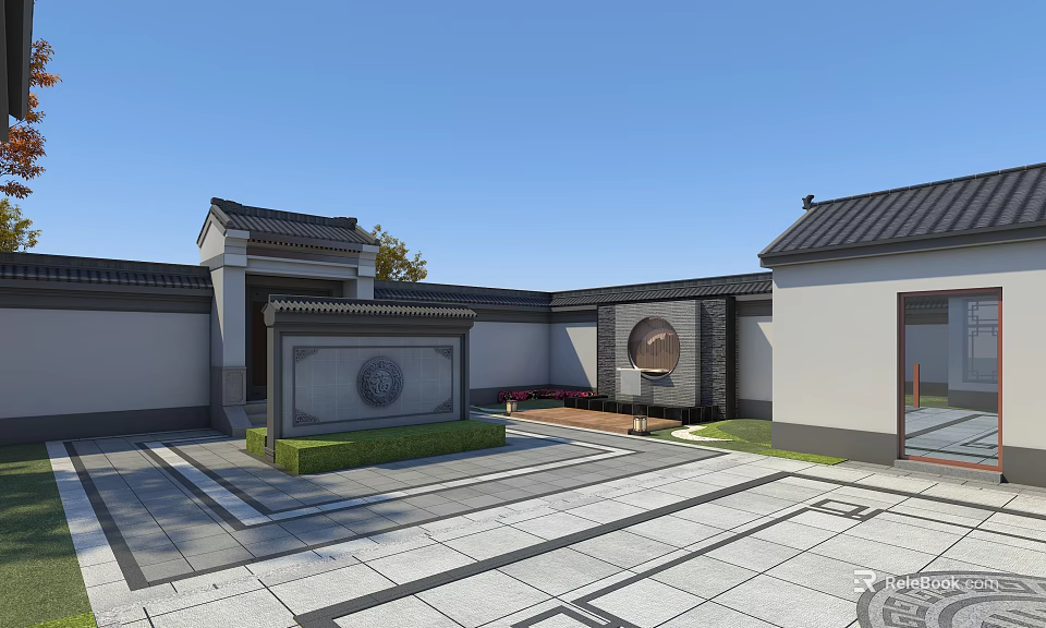 Chinese Style Courtyard Feature Wall With Circular Decoration Grey Tiles And Stone Pavement 3d model 
