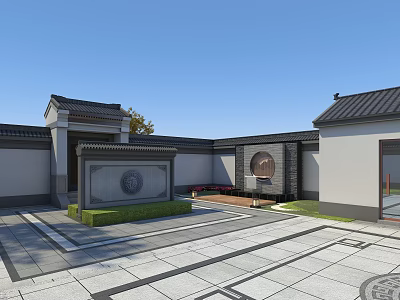 Chinese Style Courtyard Feature Wall With Circular Decoration Grey Tiles And Stone Pavement 3d model