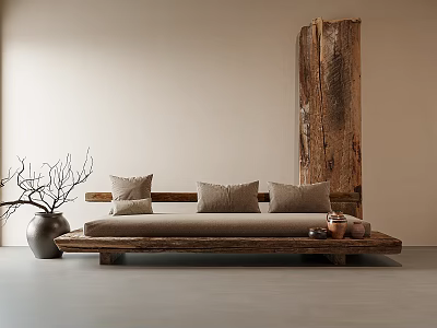 Three Seater Sofa With Wooden Structure Beige Cushions Silver Vase Branches And Tall Wooden Decor 3d model