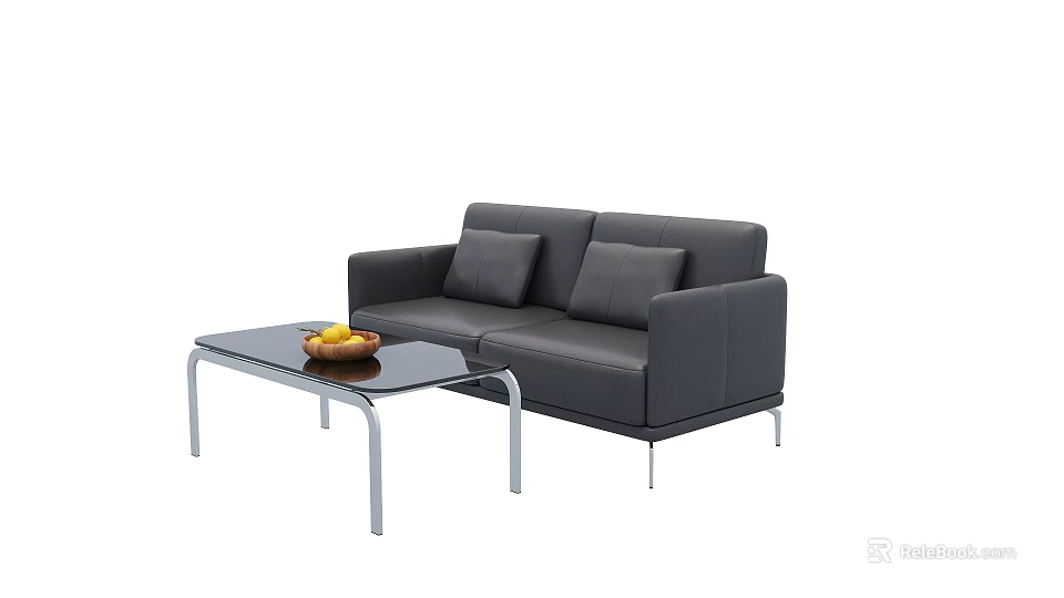 Two Seater Gray Sofa with Glass Coffee Table and Fruit Bowl in Living Room 3d model 
