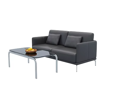 Two Seater Gray Sofa with Glass Coffee Table and Fruit Bowl in Living Room 3d model