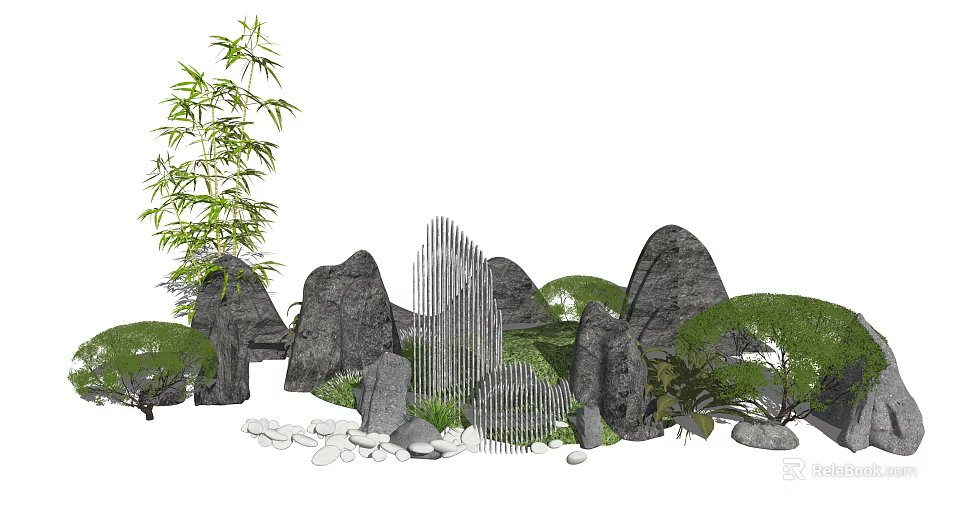 Garden Ornament Featuring Tall Bamboo Large Rocks Vertical Metal Strips Green Plants and Pebbles 3d model 