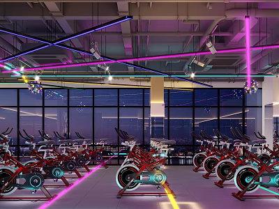 Modern Fitness Studio With Spin Bikes And Vibrant Lighting Large Windows Night View 3d model