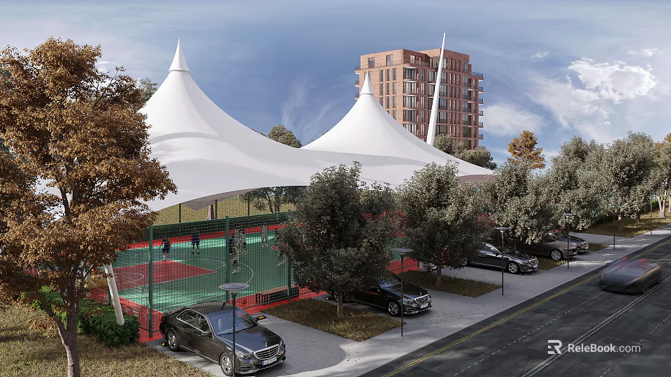 Tensile Membrane Structures Over Green Sports Court Near Red Brick Building With Trees And Cars 3d model 