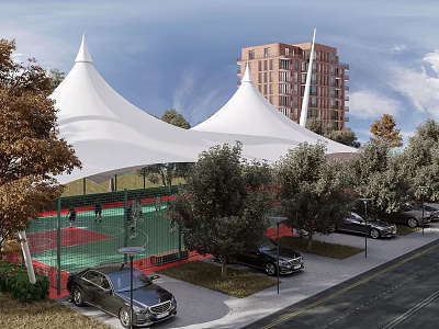 Tensile Membrane Structures Over Green Sports Court Near Red Brick Building With Trees And Cars 3d model