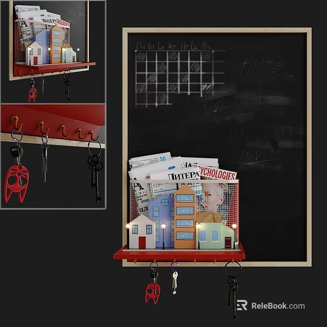 Decorative Wall Mounted Organizer with Small House Models Hooks Chalkboard and Key Storage 3d model 