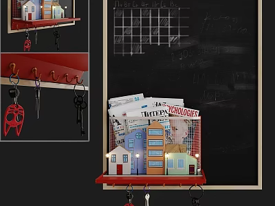 Decorative Wall Mounted Organizer with Small House Models Hooks Chalkboard and Key Storage 3d model
