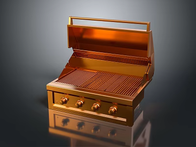 Modern Golden Kitchen Grill Appliance With Lid Control Knobs And Cooking Grate 3d model