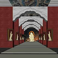 Sacred Religious Hall With Buddha Statue Mural Art And Golden Arched Decorations