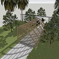 Wooden Arched Pergola In Garden With Trees And Lawn Where People Walking On Pathway