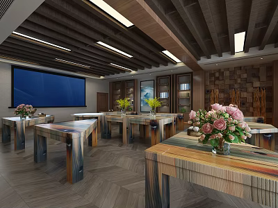 Spacious Meeting Room Featuring Large Screen Long Tables Pink Flowers And Wooden Decor 3d model
