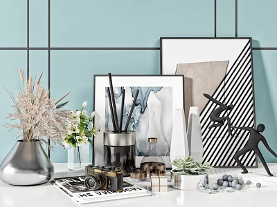 Modern Decorative Ornament Combination With Vase Dried Plants Greenery Picture Frames Sculpture And Vintage Camera 3d model