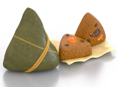 Traditional Chinese Zongzi Green Leaf Wrapped Yellow String Tied Various Flavors on Paper 3d model