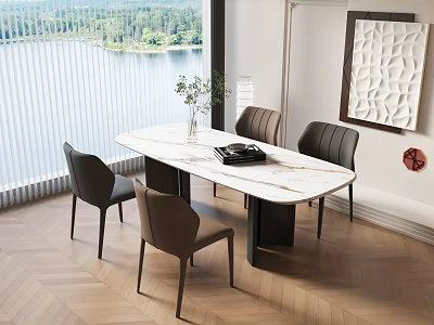 Modern Marble Dining Table Set with Chairs Lake Forest View Window and Plant Vase 3d model