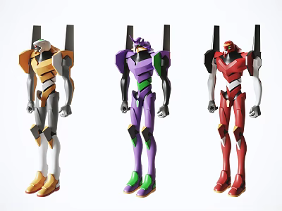 Three Colorful Robot Action Figures With Distinctive Design And Poses 3d model
