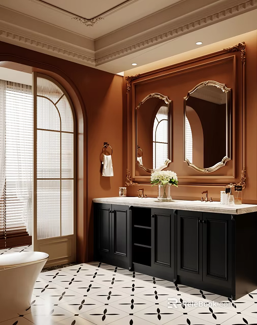 Warm Brown Bathroom Interior With Double Mirrors Black Vanity And Floral Vase Decor 3d model 