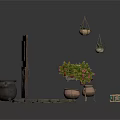 Architectural Outdoor Space Featuring Wooden Door Stone Paving Clay Pots Hanging Flower Plants And Wooden Box