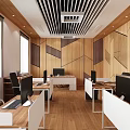Modern Office Interior With Wooden Walls Desks Computers Black Chairs White Cabinets And Windows
