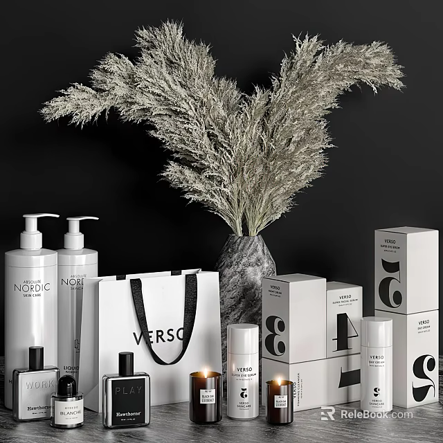 Laundry Daily Essentials With White Pump Bottles Black Tote Bag And Dried Pampas Grass 3d model 