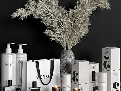 Laundry Daily Essentials With White Pump Bottles Black Tote Bag And Dried Pampas Grass 3d model