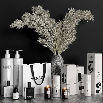 Laundry Daily Essentials With White Pump Bottles Black Tote Bag And Dried Pampas Grass 3d model