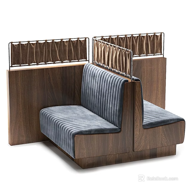 Modern Public Seating with Wooden Structure Blue Striped Upholstery and Metal Railings 3d model 