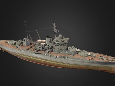 Vintage Warship Model With Turrets And Military Equipment On Deck 3d model