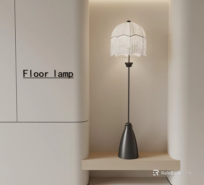 Modern Floor Lamp With White Tassel Shade And Black Stand Design 3d model 