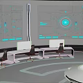 Cartoon Futuristic Tech Control Room With Large Screens Control Desks Chairs And Globe Model