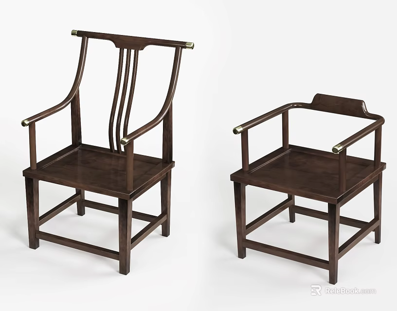 Traditional Chinese Dark Brown Wooden Armchairs Featuring Classic Armrest Design 3d model 
