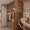 Elegant Chinese Interior Design With Wooden Partitions Circular Decor And Display Shelves