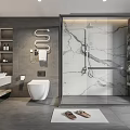 Modern Bathroom Interior With Gray Walls Marble Shower Area White Toilet And Vanity Shelves