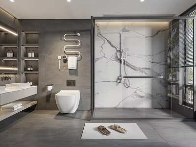 Modern Bathroom Interior With Gray Walls Marble Shower Area White Toilet And Vanity Shelves 3d model