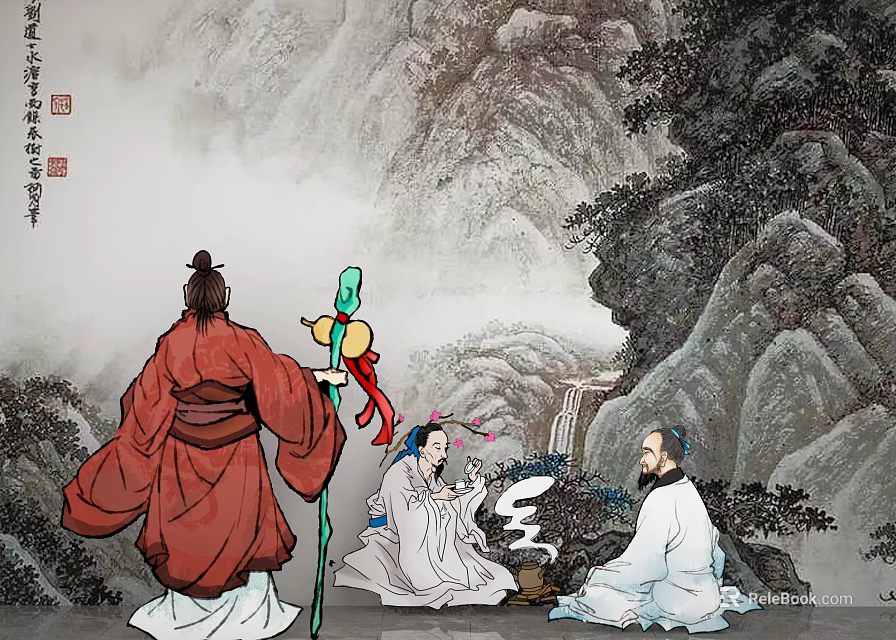 Traditional Chinese Figure Painting of Three Robed Figures Gathered by Mountain Waterfall Trees and Mist 3d model 