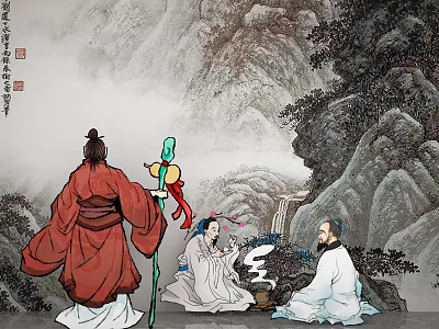 Traditional Chinese Figure Painting of Three Robed Figures Gathered by Mountain Waterfall Trees and Mist 3d model