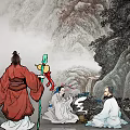 Traditional Chinese Figure Painting of Three Robed Figures Gathered by Mountain Waterfall Trees and Mist