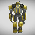 Detailed Yellow Mechanical Robot With Metal Body And Blue Eyes