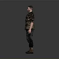Man in Camouflage Jacket Green T-Shirt Jeans Brown Boots with Handgun Holster on Gray Background