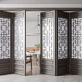 Stylish Folding Doors With Chinese Pattern Glass Panels And Dark Frame In Dining Interior View