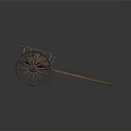 Traditional Wooden Hand Cart Featuring Long Handle Spoked Wheels And A Sack