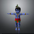 Blue Skinned Divine Character Wearing Red Green Dhoti With Decorative Headpiece And Outstretched Arms