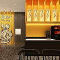 New Style Restaurant Interior With Graffiti Mural Wooden Chairs And Tables