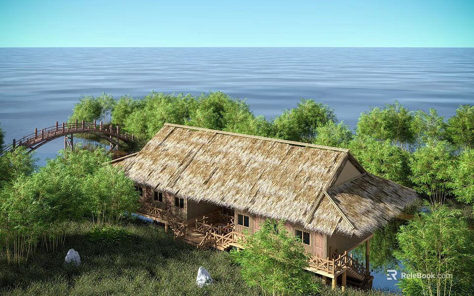 Wooden Cottage With Thatched Roof by Calm Sea and Wooden Bridge Surrounded by Green Trees 3d model 