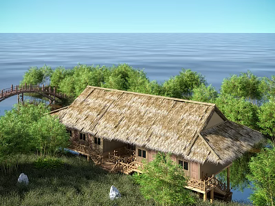 Wooden Cottage With Thatched Roof by Calm Sea and Wooden Bridge Surrounded by Green Trees 3d model