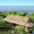 Bamboo hut thatched hut wooden hut waterside hut desert island hut fishing bamboo water hut lake island single log bridge lake view bamboo forest stone 3d model