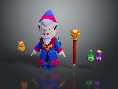 Woman Wizard Character With Magic Staff Potion Bottles And Small Statues 3d model