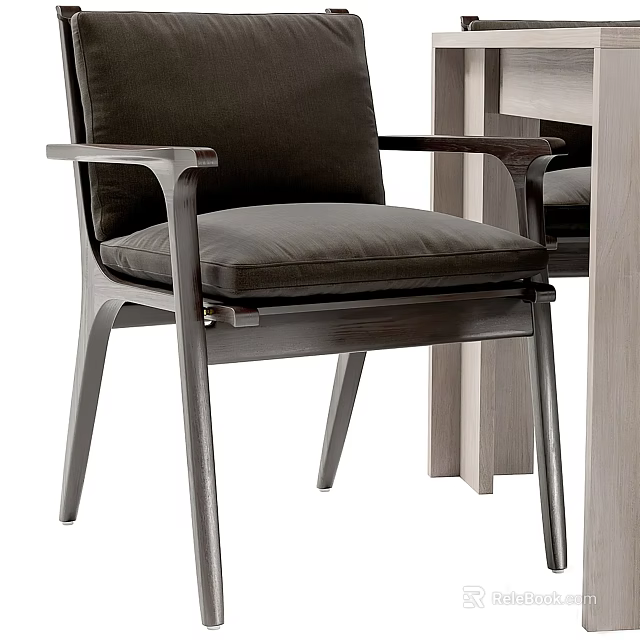 Modern Wooden Dining Chair With Dark Cushioned Seat And Armrest Design 3d model 