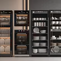 Modern Black Kitchen Appliances With Storage For Dishes And Utensils In Contemporary Kitchen Setup